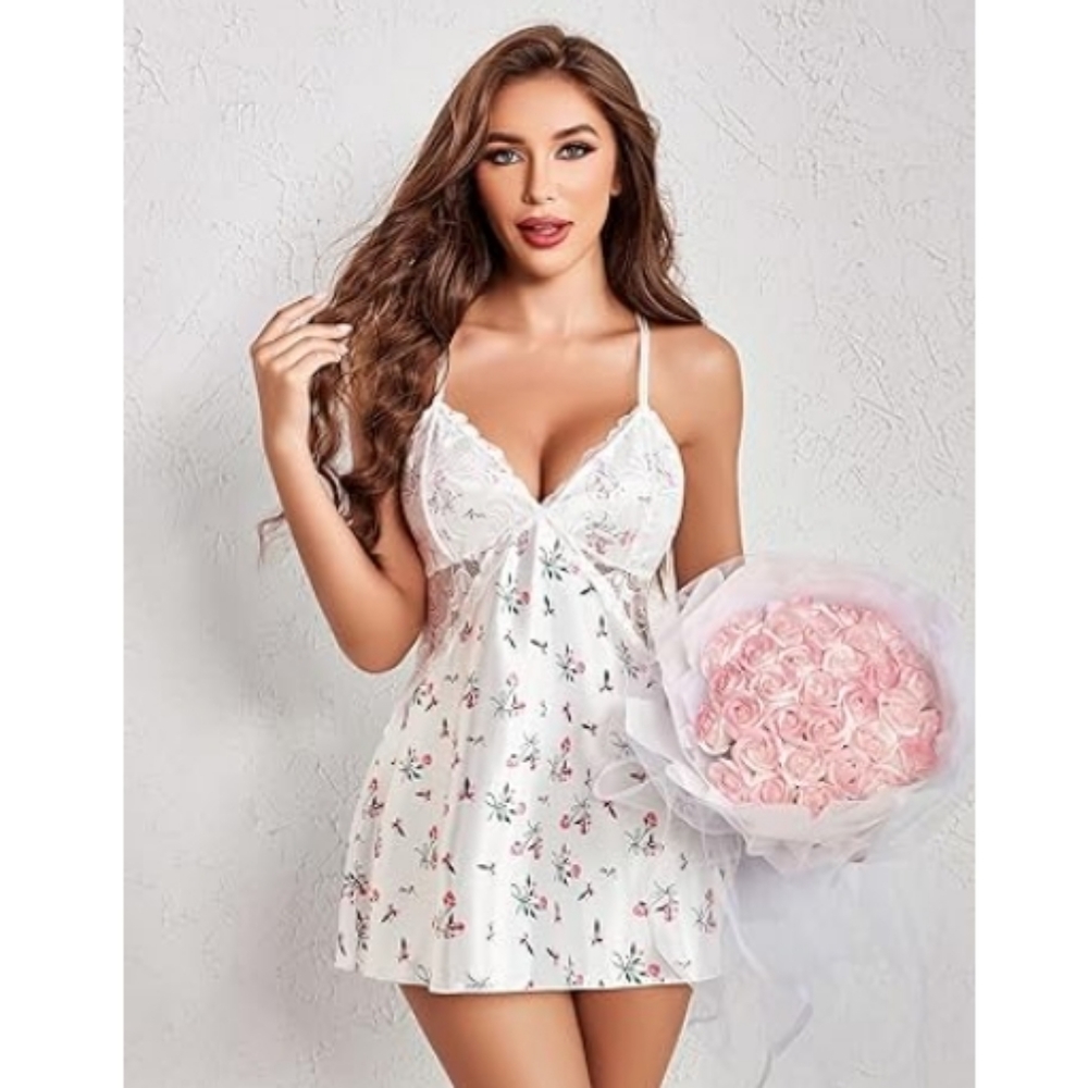 Avidlov Lingerie VNeck Nightwear Satin Lace Chemise Mini Teddy White